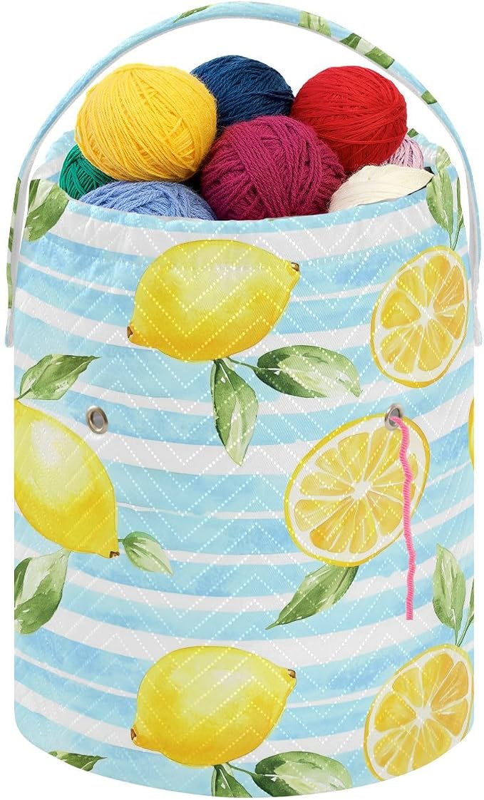 Fustylead Watercolor Lemon on Light Blue Striped Yarn Storage Bag and Knitting Crochet Tote, Large Yarn Drawstring Basket for Crocheting Kit, Project, Sewing Supplies, Needles