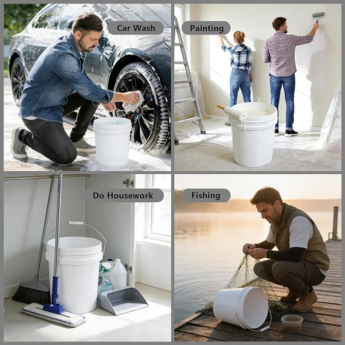3-Pack 5 Gallon Plastic Bucket with Handle, Heavy Duty Food Grade Storage Container for Car Detailing, Cleaning, Paint, Chemical & Pet Supplies