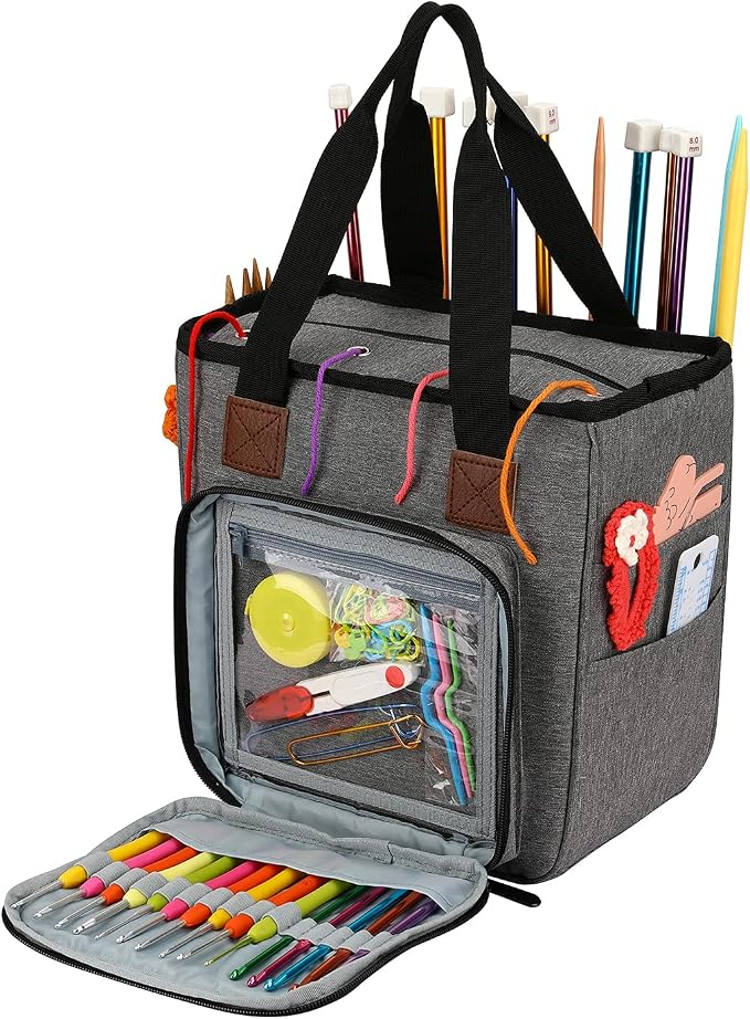 Yarn Knitting Storage Tote-Large Capacity Crochet Organizer Portable Travel Bag With Shoulder Strap Crochet Hooks Case for Unfinished Bulk Project