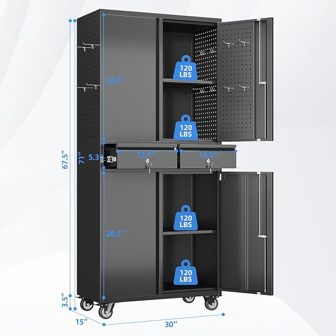 Garage Storage Cabinet with Wheels and 2 Drawers, 71" H Locking Metal Storage Cabinet with Pegboard Doors and 2 Adjustable Shelves for Garage, Warehouse, Home, Black, Assembly Required