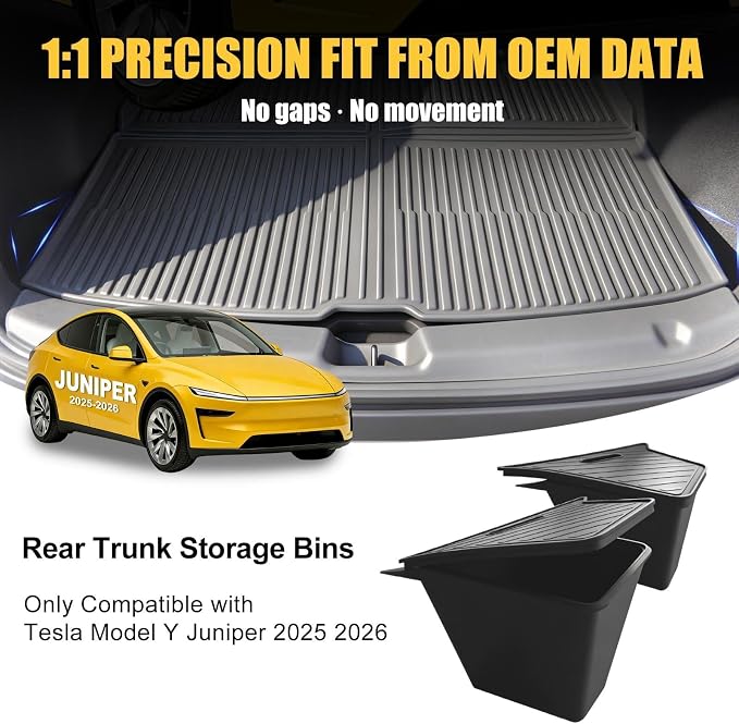 Trunk Storage Bins with Lids Custom Fit for Tesla Model Y Juniper 2025 2026, 2PCS TPE Rear Trunk Organizer, Wear-Resistant Heavy-Duty Cargo Organizer Accessories