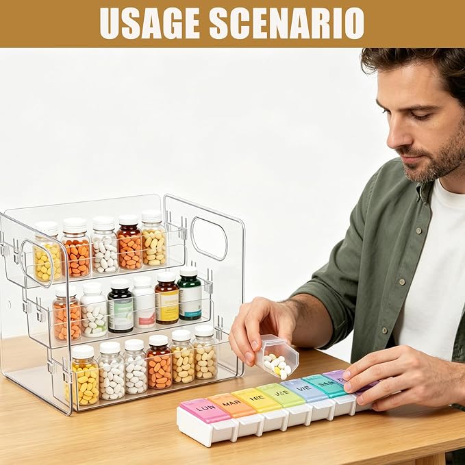 3-Tier Vitamin Storage Organizer with 7-Day Pill Box, Holder for Vitamin Bottles & Medicine Bottle,Supplement Rack for Cabinet Countertop Bathroom Kitchen Pantry, Includes Weekly Pill Organizer