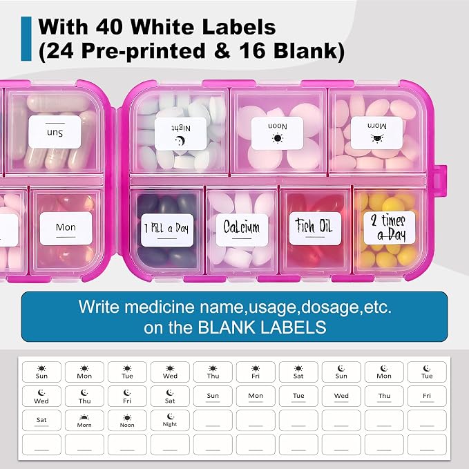 14 GRIDS Travel Pill Organizer Box with Labels - Travel Medicine Case Kit - Pocket Daily Pharmacy Container - Travel Medication Holder Dispenser for Fish Oil Vitamin Supplement Storage - Clear Pink