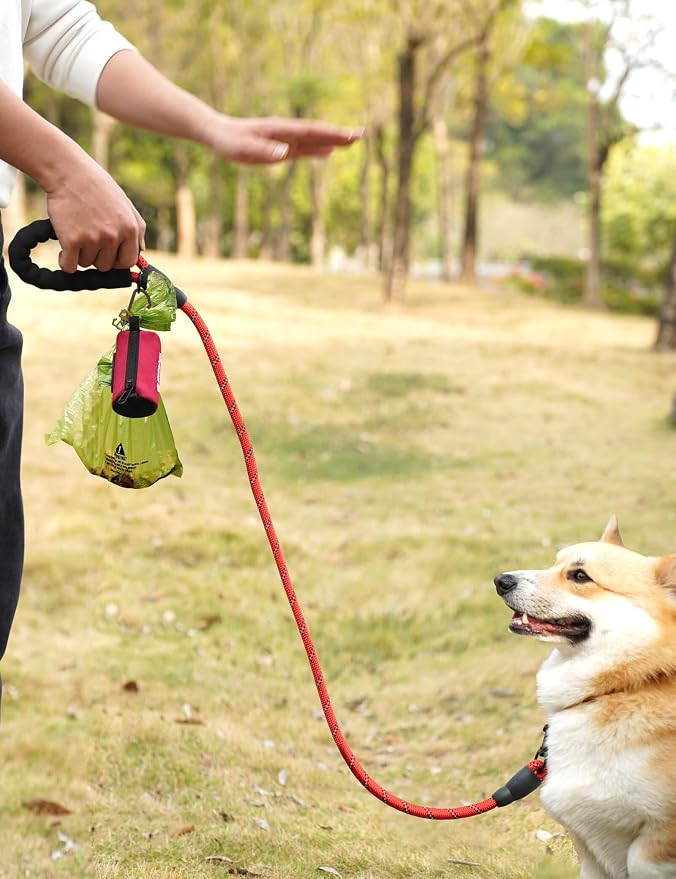 Gobeigo Dog Poop Bag Holder with Used Waste Bag Carrier(Red) | Large Opening for Easy Dispensing, Carabiner & Hook-and-Loop Strap Fits Any Leash, Includes 15 Unscented Waste Bags