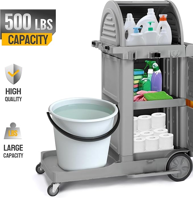 TUFFIOM Janitorial Cart on Wheels, 3 Shelf Commercial Cleaning Cart with Key Locking-Cabinet, Grey Housekeeping Cart with Locker and Cleaning Bag, for Hotel, Business, Office, Stadium Use