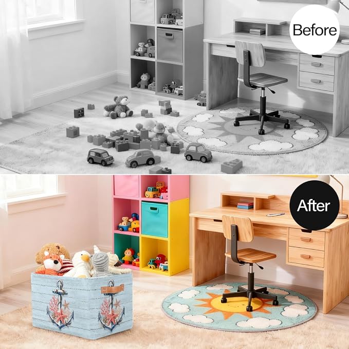 Pardick Storage Baskets Bin, Woodanchor Starfish Collapsible Canvas Fabric Storage Bin Decorative Baskets Toy Organizer Rectangle Storage Boxes with handles for Home Shelves Nursery,Q-5