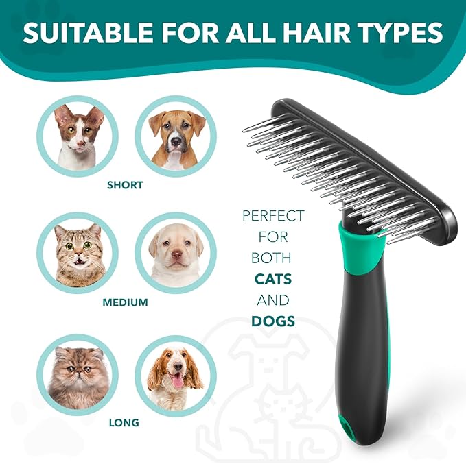 DOGI Deshedding Brush Comb - Undercoat Rake for Dogs, Cats, Short, Long Hair Coats - Double Row Stainless Steel Pins - Reduce Shedding by 90% (Green)