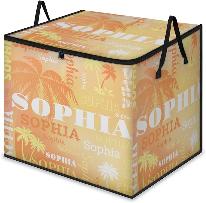 Custom Storage Baskets Cubes for Home with Name, Large Foldable Organizer Collapsible Storage Bins for Blanket Comforters Clothes Closet Nursery, Orange Yellow Tropical Palm Trees Painted Background