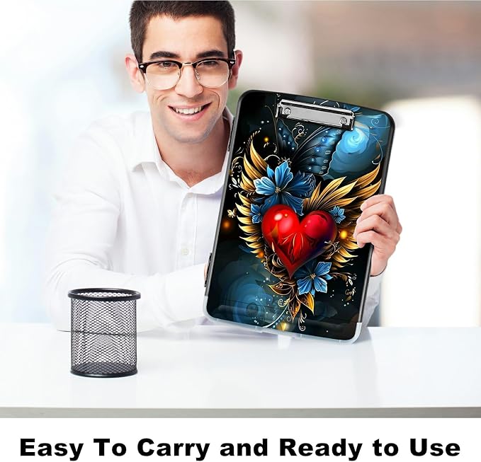 Winged Heart A4 Clipboard with Storage Pen Holder, Clipboards Organizer Nursing Clipboard Foldable File Folder Plastic Clipboard Folio Clip Board for Office Students Classroom Doctor