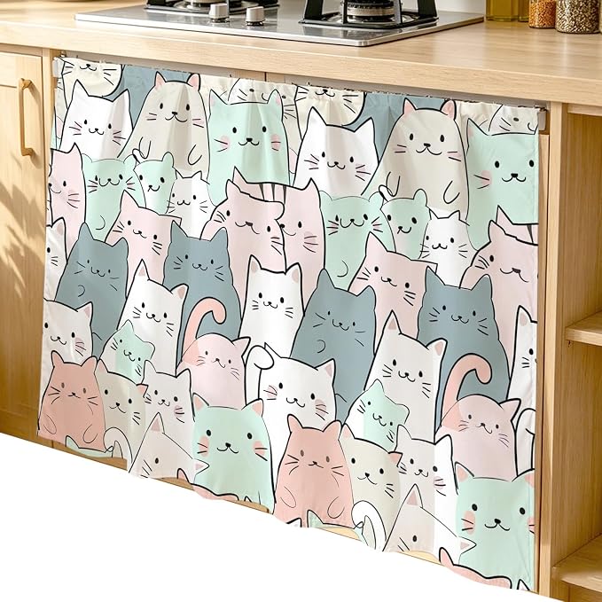 BEMIGO Cartoon Cat Cabinet Curtain 35" Wx35 L, Dustproof Under Sink Skirt with Self Adhesive Tape, Funny Cute Colorful Animal Pet Cabinet Curtain Cover for Kitchen Sink, Bathroom Vanity, Laundry Room