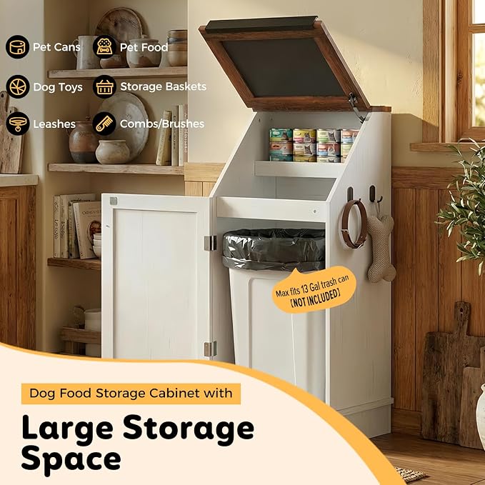 Dog Food Feeding Station Storage with Bowls, Pet Food Storage Cabinet with Flip-Top Blackboard, Hidden Trash Can, Pet Organizer Cabinet for Dog and Cat