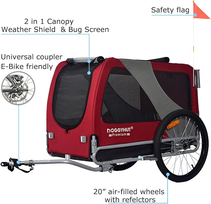DOGGYHUT® Premium X Large Pet Bike Trailer & Stroller Up to 100 lbs (Red) | Bicycle Trailer for Small Medium or Large Dogs, Dog Bicycle Carrier, Low Center of Gravity, Folding Frame Cart