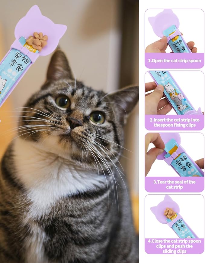 5 PCS Cat Food Can Covers Lids Set, Silicone Pet Food Can Lids with Multi-Function Cat Food Spoon and Opener, Cat Bar Squeezer, Stainless Steel Wet Food Spoon for Cats and Dogs (Purple)