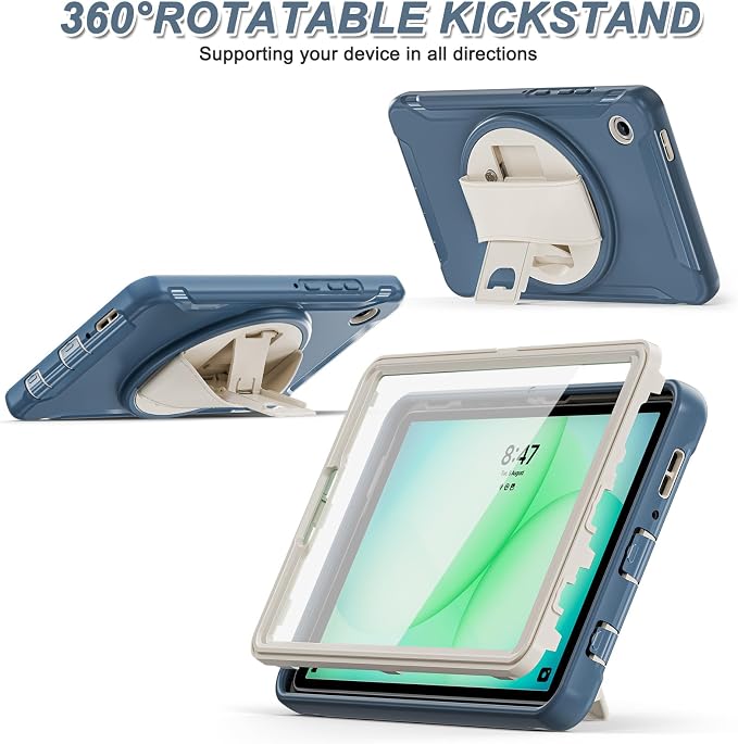 for Samsung Galaxy Tab A11 (2025) 8.7 inch Case 5G with Screen Protector, Hand Strap, Pen Holder & 360° Rotating Stand,Shockproof Protective Cover for SM-X130/X133/X135 (Deep Blue)