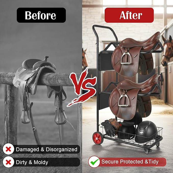 Horse Saddle Cart with Storage Basket 3 Tier Rolling Heavy | Heavy Duty Organizer for Stable Barn Tack Room Moving Transport Supplies