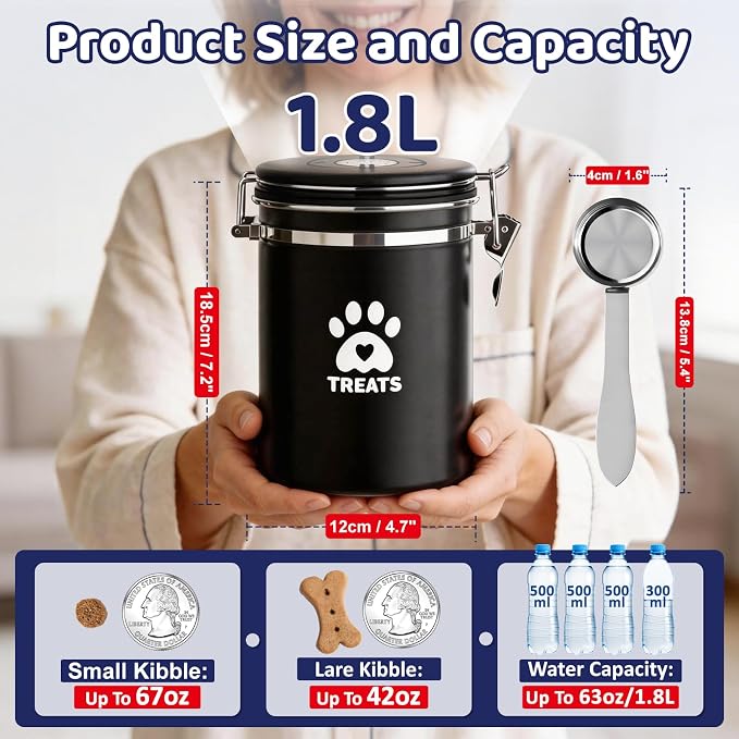 ENONCI Airtight Dog Treat Canister, 304 Stainless Steel Food Storage Jar with Date Dial Black-1.8L