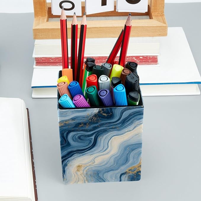 Marble Texture Pen Holder for Desk Decor, Rectangular PVC Leather Pencil Cup for Desk Pen Organizer, Makeup Brush Holder for School, Home, Office