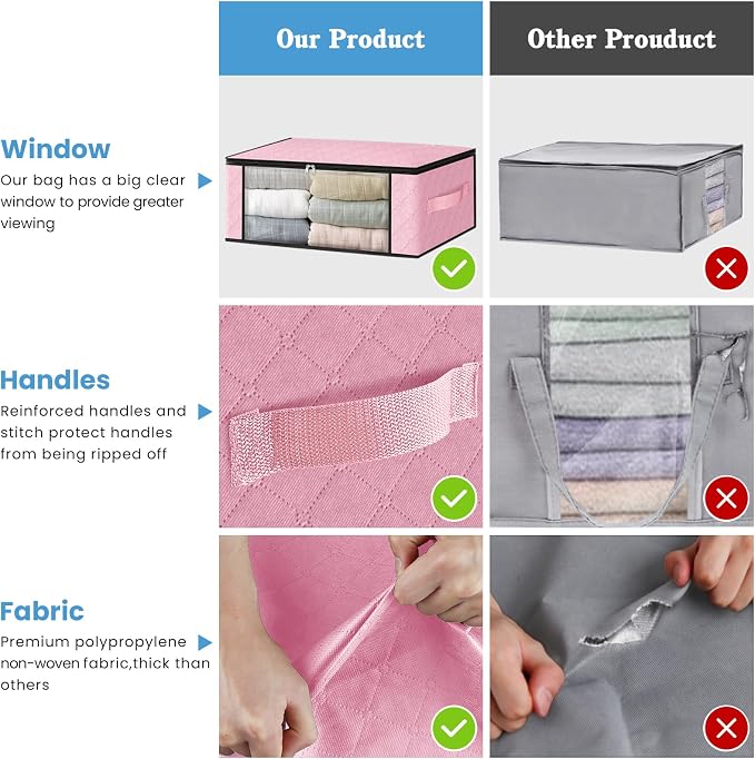 HomeHacks 3-Pack Clothes Organizer Storage Bags, 35L Storage Bins, Pink | Foldable Storage Box Container with Zippers, Clear Window, Reinforced Handles for Closet, Dorm, Pillows, Bedding, Sweater