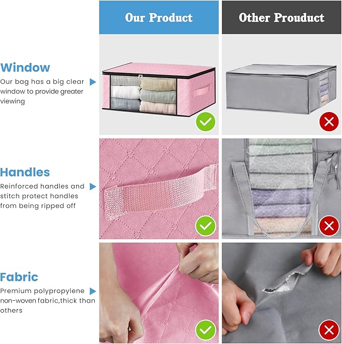 HomeHacks 10-Pack Clothes Organizer Storage Bags, 35L Storage Bins, Pink | Foldable Storage Box Container with Zippers, Clear Window, Reinforced Handles for Closet, Dorm, Pillows, Bedding, Sweater