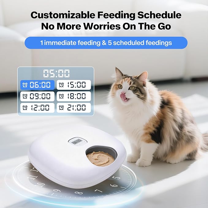 PetPrime 6-Meal Automatic Cat Feeder with Two Ice Packs,Cordless Rechargeable Cat Food Dispenser for Cats and Small Dogs Wet Food Auto Pet Feeder White