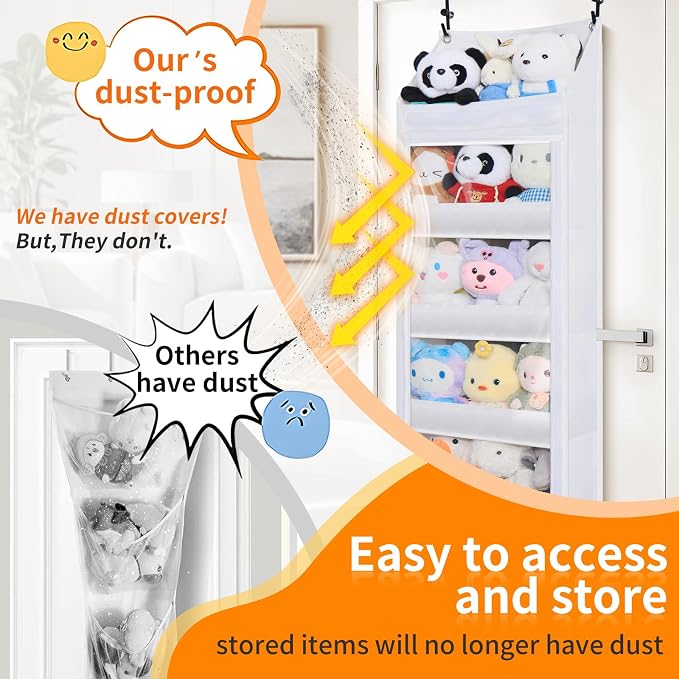 Over the door stuffed animal storage, dust-proof door organizer hanging,【holds up to 70 lbs】Ideal for organizing on doors, such as yarn storage, plush toys, diapers, and other small to medium items.