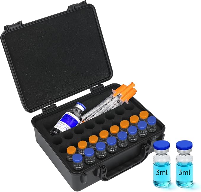 3ml Peptide Case for Fridge+Space for Peptide Injector & Needles 32-Slot | Larger Capacity, Shock-absorbing EVA Foam, Portable Handle, Small Size, Waterproof Material, Sturdy Double Lock Buckle