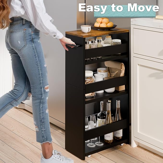 MARTY Slim Rolling Storage Cart 7.9" W Laundry Cart with Wheels,Brown+Black | Narrow Utility Cart Between Washer and Dryer, 3 Tier Mobile Shelving Unit for Kitchen, Laundry, Bathroom, Office, Living Room