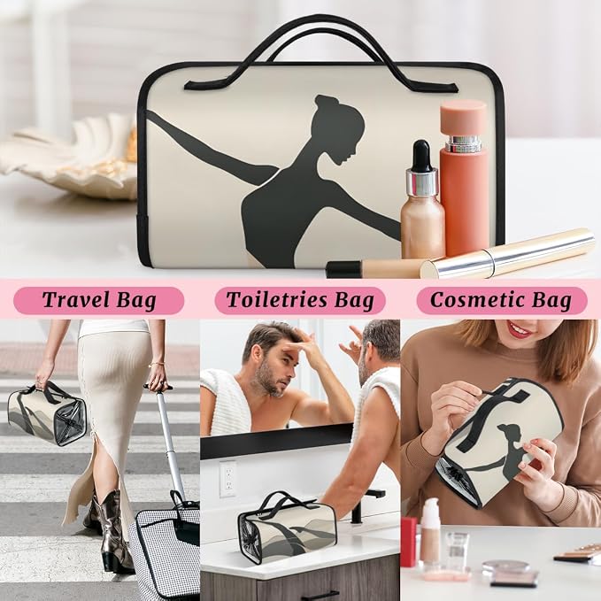 Ballerina Makeup Bag for Women Hanging Roll-Up Travel Organizer Toiletry Kit with 4 Removable Compartments, Dance Ballet