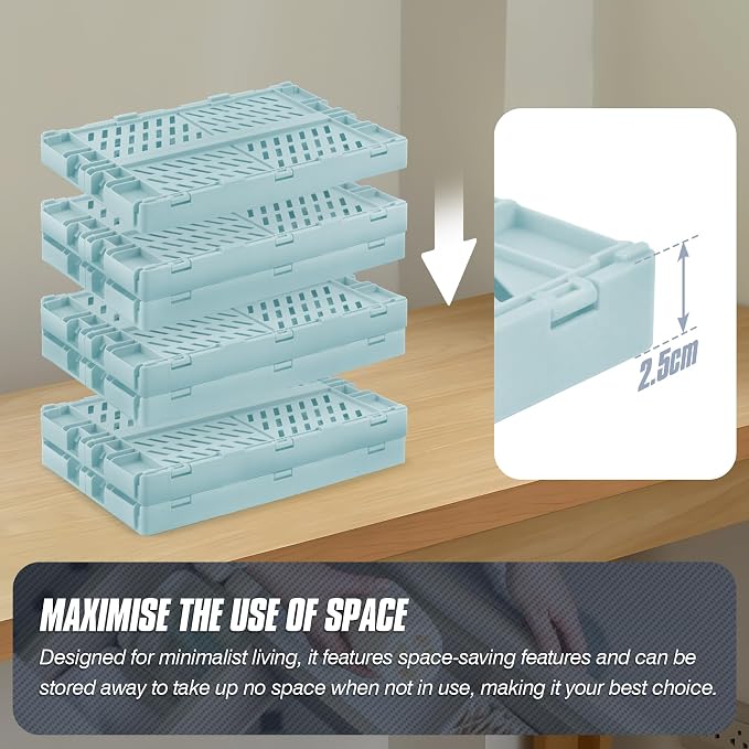 4 Pcs Collapsible Storage Crates, 10x6.5x4 inches Space-Saving Folding Containers, Stackable Plastic Boxes for Home Kitchen Office Bedroom Bathroom, Light Blue, Medium