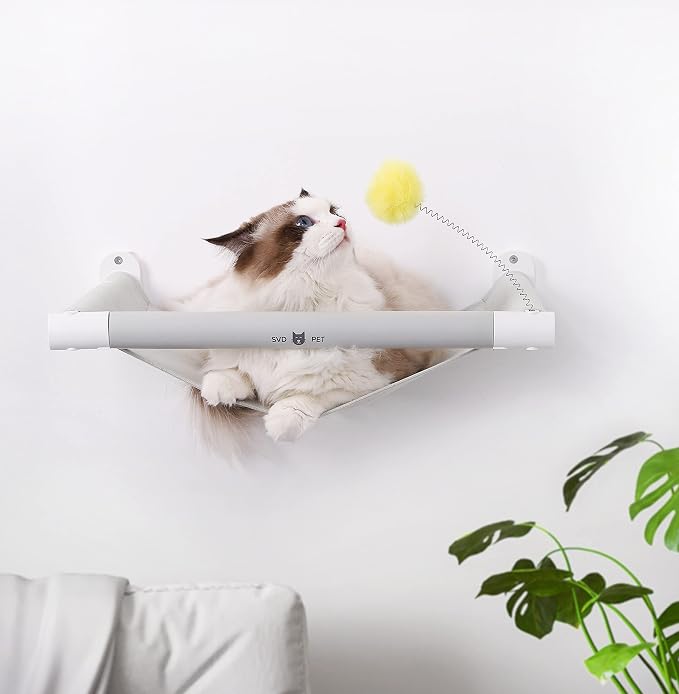 Cat Hammock Wall Mounted with Toy, Soft Padded & Comfortable Cover, Modern Design Premium Cat Furniture Shelf, Supports up to 40 lbs (Comfy Plus, White)