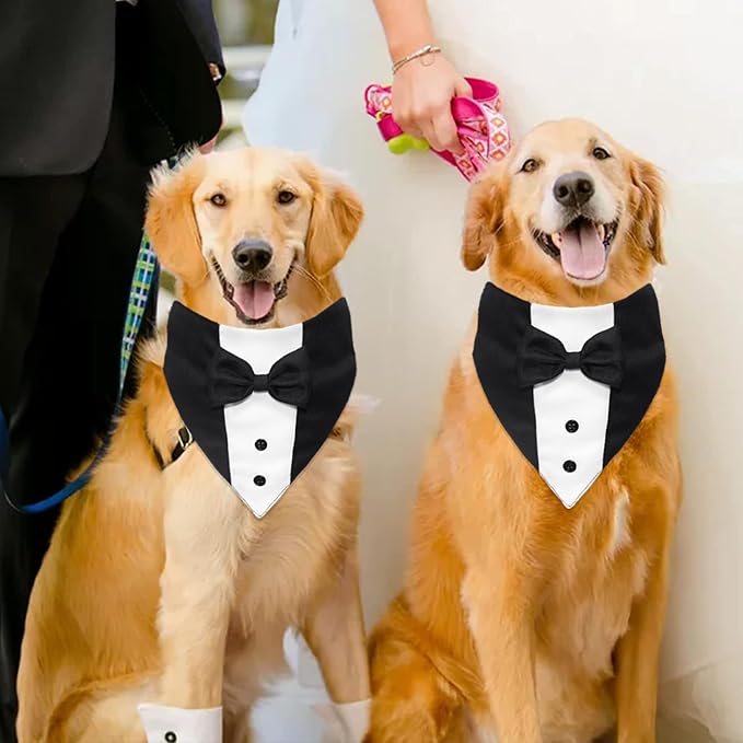 GOYOSWA Dog Tuxedo Suit Wedding Bandana Collar with Bow Tie, Adjustable Formal Dog Tux Engagement Birthday Tuxedo for Large X-Large Dogs Pets (X-Large: Neck 21"-30") (Pack of 2)
