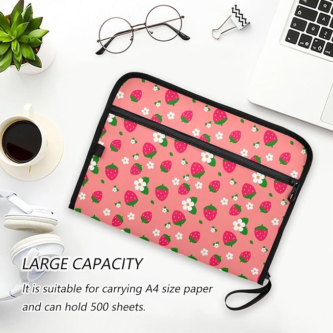 13 Pocket Zipper Expanding File Folder A4 Cute Strawberry Flower | Accordion File Organizer with Front Pouch A4 Letter Size Portable Folders for Documents Receipt School Office Supplies