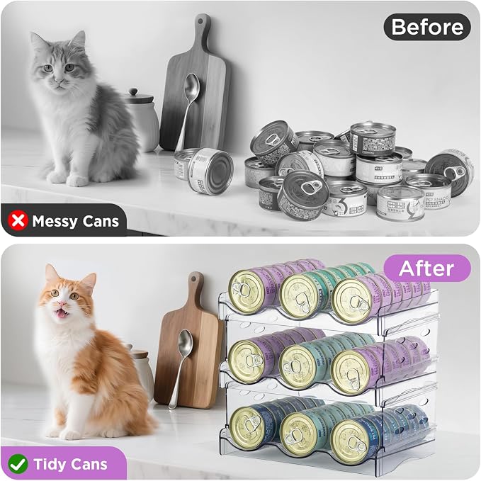 REFLYING Cat Food Can Organizer 3-Tier Holds 54 Cans 3.5oz Clear | Transparent 3-tier cat food can organizer,Holds 54 cans 3.5oz,Pantry countertop storage for kitchen cabinet organization