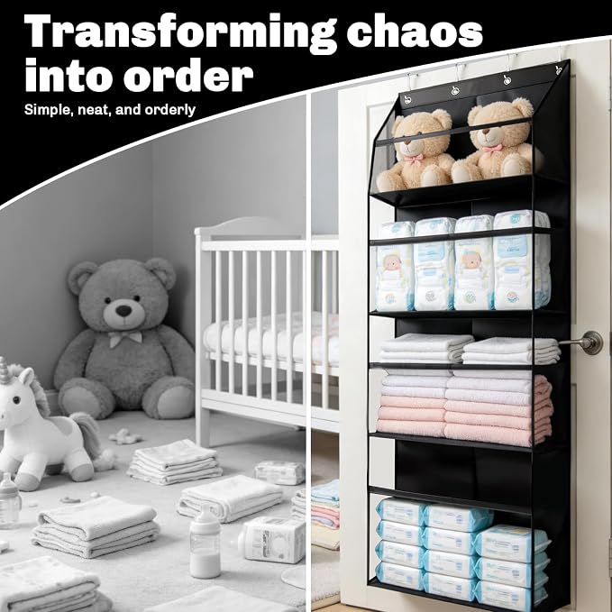Thickened Plush Toy Storage Rack, Four-Tier Extra-Large Door Back-Hanging Shelf, Oxford Cloth + Transparent Window, for hanging plush toys, also suitable for storing diapers and baby supplies, Black