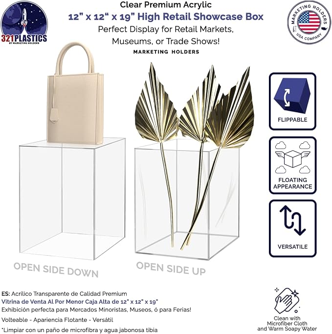 Clear Acrylic 12" x 12” x 19” Tall Display Box No Lid Hollow Pedestal 5 Sided Display Trinkets Flower Dust Cover Bin Collectible Items Elevated Multi Use Showcase No Assembly by Marketing Holders