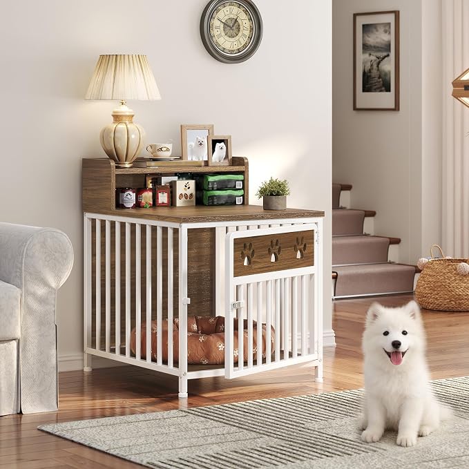 YATINEY Dog Crate Furniture, Wooden Dog Kennel with Storage, Indoor Pet Crate End Table, Two-Tier Small Dogs House, Chew-Proof, for Living Room, Bedroom, White and Walnut DC01WH
