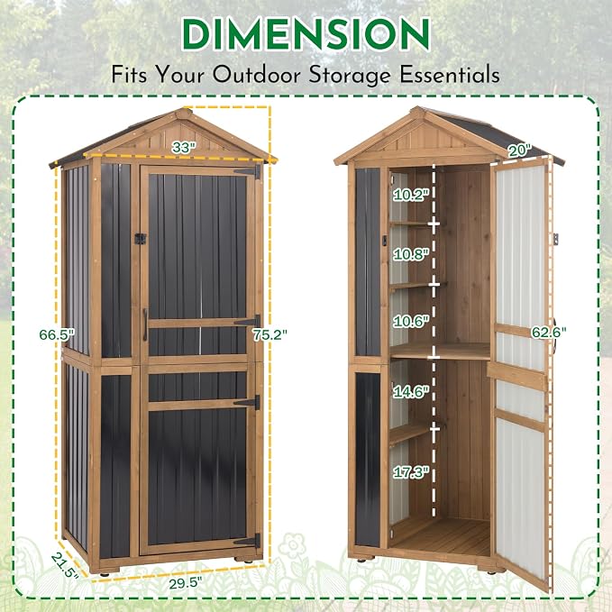Ketive Outdoor Storage Cabinet Wooden Vertical Garden Tool Storage Shed | Adjustable Shelves, Waterproof Roof, Lockable Doors, Small Backyard Utility Cabinet for Patio Garage