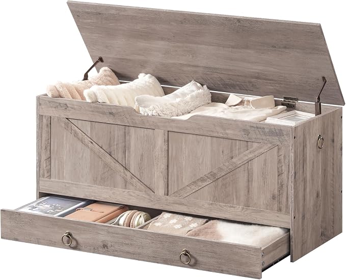 HOOBRO Storage Chest, 43.3" Toy Chest with Drawer, Wooden Storage Bench, Sturdy Entryway Bench Supports 220 lb, Shoe Bench, Safety Hinge, U-Shaped Opening, Easy Assembly, Greige BG711CW01G2