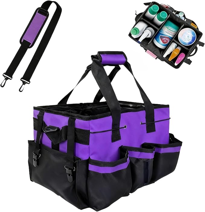 Tool Organizer Tote Bag, Pink and Black, Large Capacity with Adjustable Compartments, Portable Cleaning Storage Caddy, 14.96x10.63x9.06 Inches (Purple)