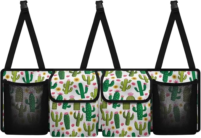 Dreaweet Green Cactus Print Trunk Organizer for Car Collapsible Car Organizers and Storage with 4 Pockets Hanging Back Seat Organizer Car Storage Accessories Interior for Women