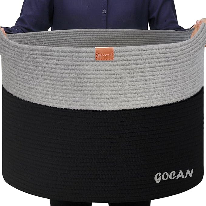 Cotton Rope Woven Laundry Basket 22"X 22"X 14" with handles(Black-Grey)XXXL | Hand-woven, ideal for storing blankets and cushions in the living room, and clothes for household storage.