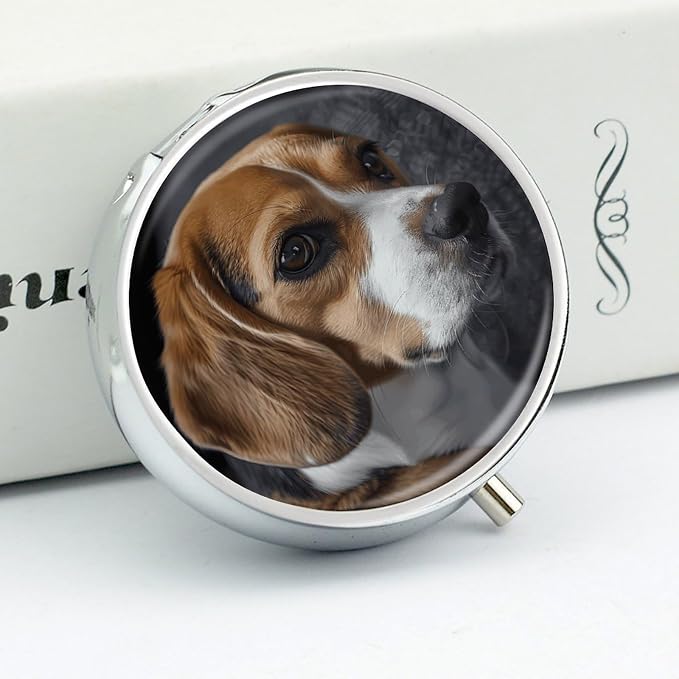 Ovely Pet Dog Beagle Round Pill Box for Organizer and Containers,Vitamin Case for Purse & Pocket Mini,Organizer Box- 3 Compartment to Hold Vitamins,Fish Oil and Supplements