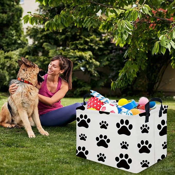 Rectangular Dog Basket,Nursery Hamper,Collapsible canvas kids toy storage box,Kids room storage basket,Pet decor(Dog paw)