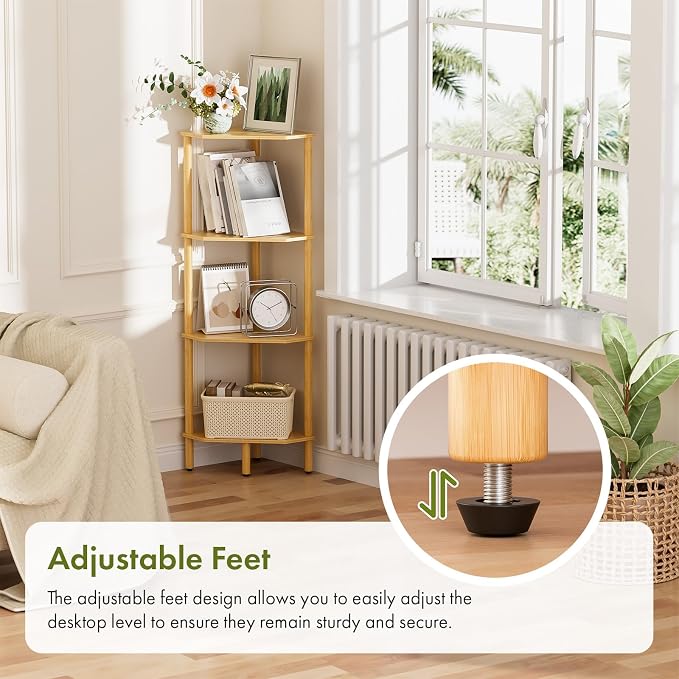 Corner Shelf Stand, 4 Tier Bamboo Corner Organizer, Narrow Tall Bookcase, Corner Shower Caddy, Plant Display Shelf, Open Storage Shelves for Living Room, Kitchen, Office, Balcony, Bathroom