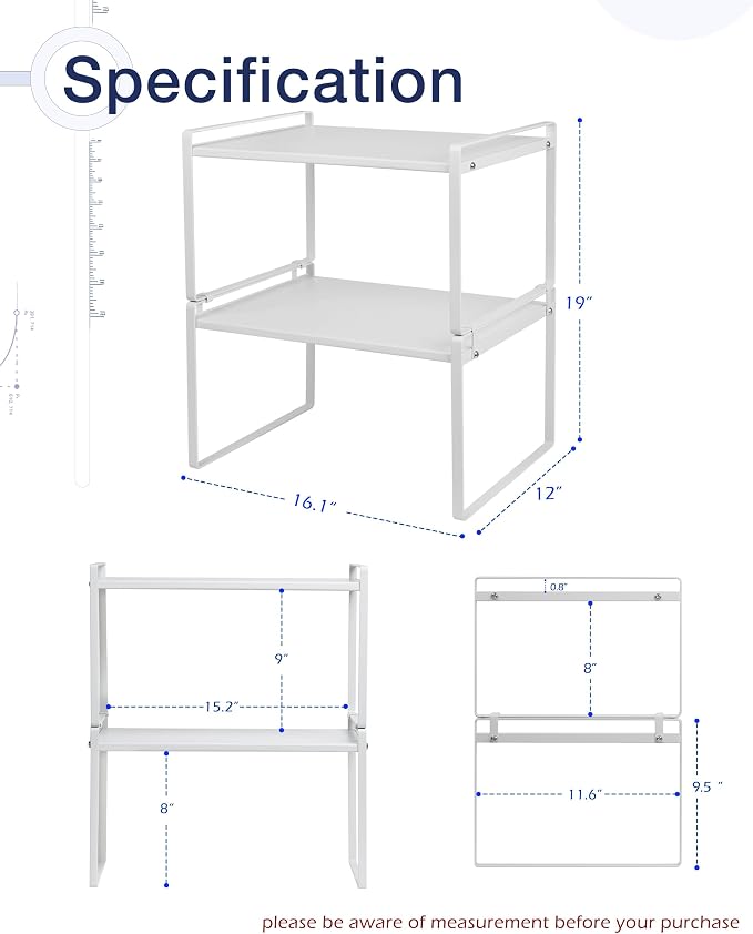 Nxconsu Stackable Cabinet Shelf Organizer 2 Pack, Wide Tall White | Heavy-Duty 3mm Steel Stackable 2-Tier Shelf, Holds 50 lb, for Kitchen Cabinet Pantry Cupboard Counter Bathroom Under Sink