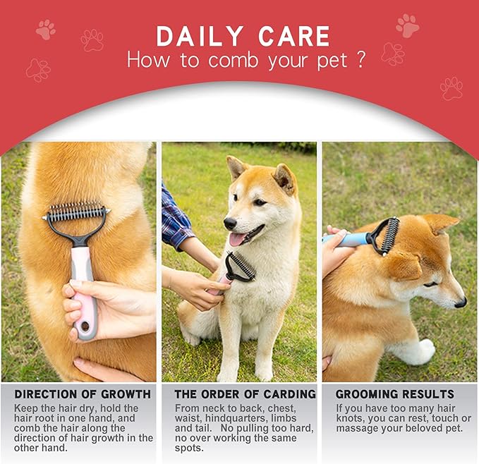 Double-Sided Undercoat Rake for Deshedding & Dematting Pets - Gentle Grooming Glove Kit for Dogs & Cats (Pink, 2 Pack)