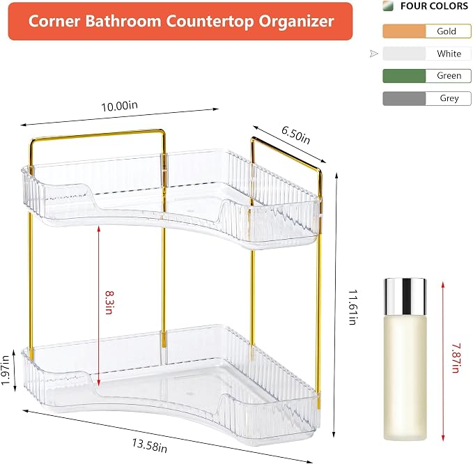 Corner Bathroom Counter Organizer Bathroom Countertop Shelf Makeup Organizer for Vanity Perfume Tray for Corner Storage (2 Tiers, White)