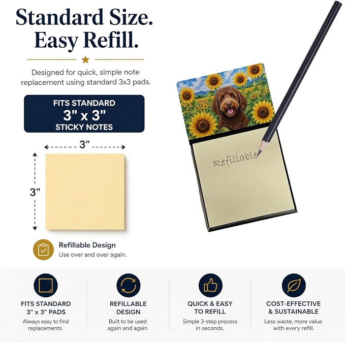 Caroline's Treasures Labradoodle in Sunflowers Watercolor Sticky Note Holder Refillable Dispenser Desk Accessory 3x3 Pad Gift