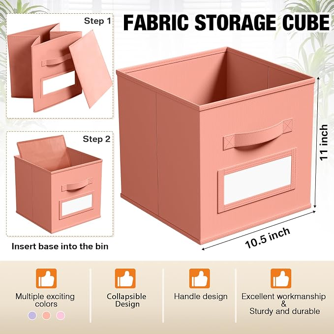 Teenyyou 10 Pack Fabric Storage Cubes 11 Inch Collapsible Cube Bins with Label Window & Handle Foldable Organizers Baskets for Shelf Closet Nursery Kids Room Clothes Book Toy(Gentle Pink Purple)