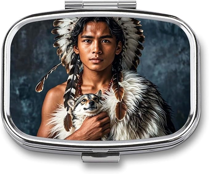 Indigenous People and Wolves Pill Box 2 Compartment Medicine Pill Case Portable Pill Organizer for Pocket Or Purse Decorative Metal Medicine Vitamin Organizer